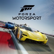 A preview image for Forza Motorsport, bearing the name, logo, and cover art of the game. The cover art depicts two cars (a yellow Cadillac V-Series.R hypercar and a blue Chevrolet Corvette E-Ray) speeding towards the camera and to the right along a track with red and white curbing and an open blue sky behind.