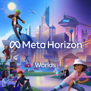 A preview image for Meta Horizon Worlds, bearing the Meta logo and promotional art for the platform. Various grinning human characters play and socialize in a green area of a futuristic city.