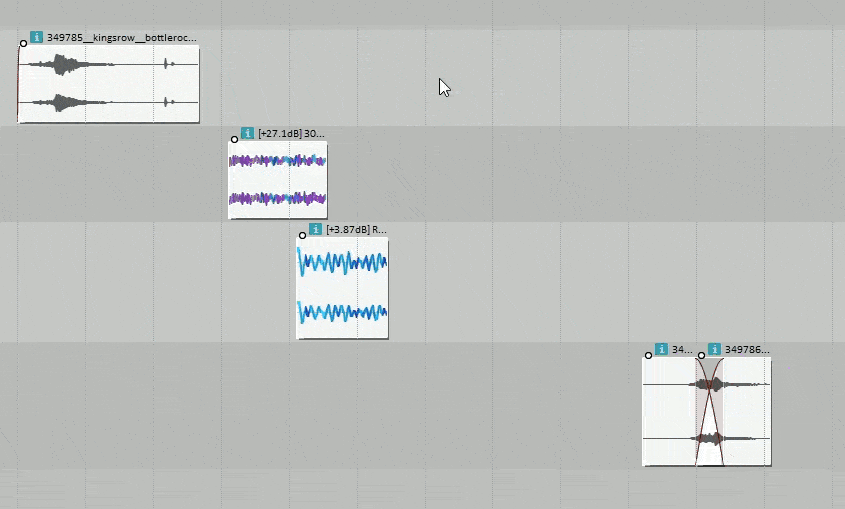 A gif depicting the Move Items End To End script in action. Multiple media items are selected before a window pops up with spacing options. The user presses <q>ok</q> and the media items shuffle into place.