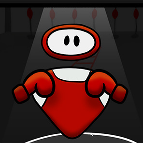 A preview image for Roboxing, showing one of the titular robot boxer characters. They float beneath a light in a dimly lit gym, their red and white triangular body giving the appearance of a wrestling singlet. Their red boxing gloves float in front in the ready position, and their lumpy round head floats above the body with two oval eyes neutrally blinking back at the viewer.