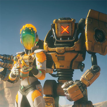 A preview image for my Thesis, showing the two playable characters from the Unity FPS Sample, a slender human in an orange and white spacesuit and a taller brown and black imposing robot with a massive gun arm. Both stand in a rocky alien desert.